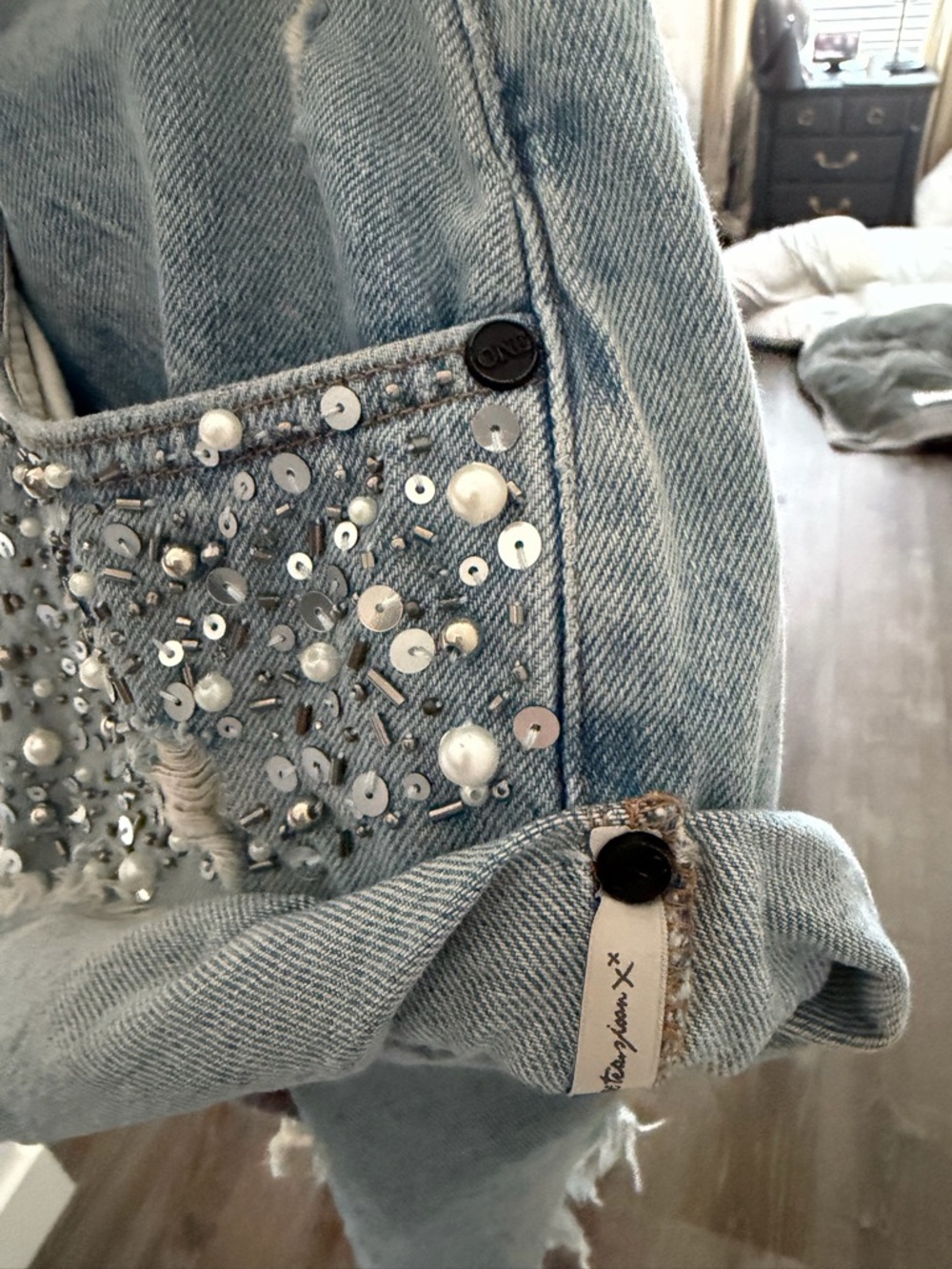 One Teaspoon Bandits Low Waist Hand-Beaded Denim Shorts - Vintage Blue - Picture 10 of 13